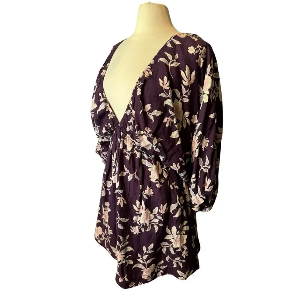 Free People NEW Portia Mini Dress Size Small Mulberry Floral $148 Boho V Neck